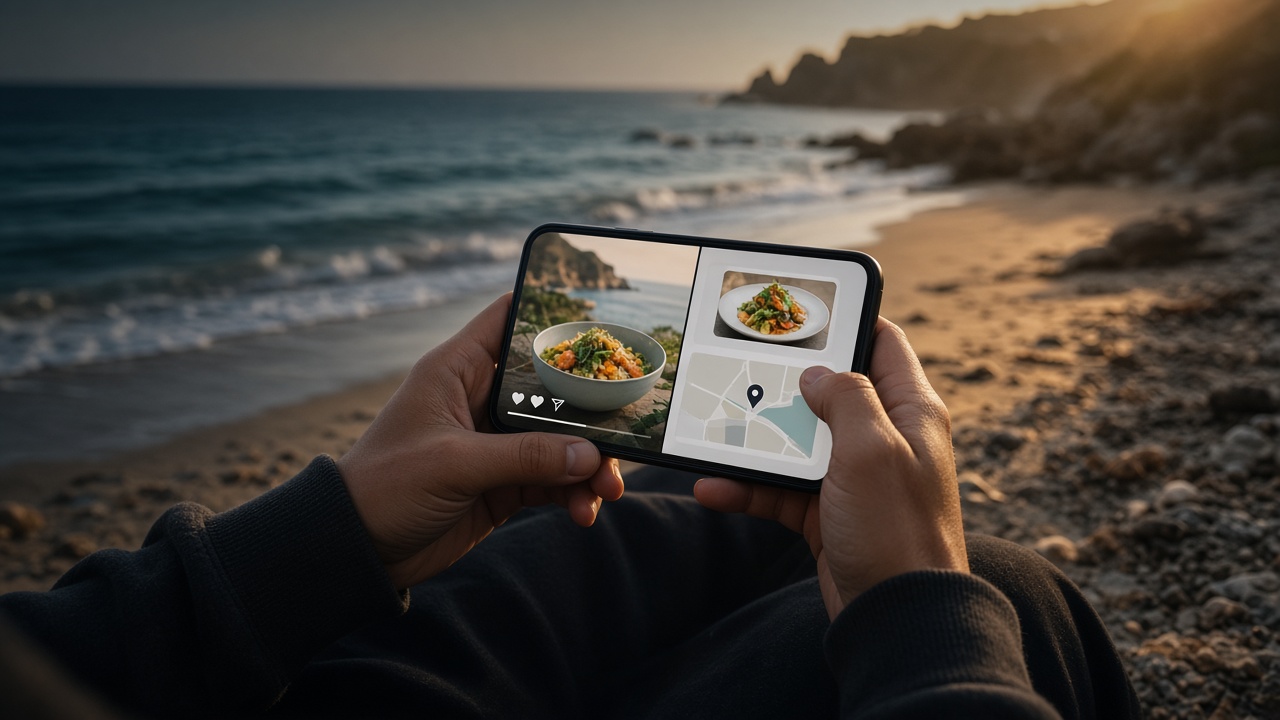 Hands holding a phone while AfterScroll keeps recipes and places after the scroll